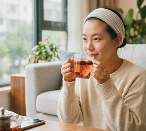 A woman raises a cup of jujube tea, one of the warm drinks taken up by those who have embraced the trend