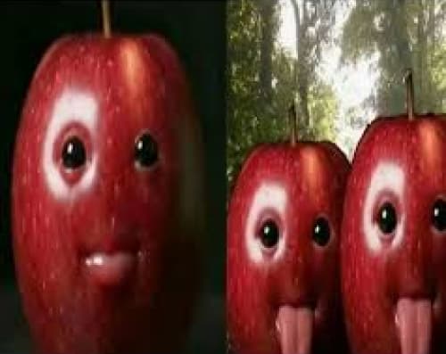 A two-panel meme showing a glum, shut-mouthed apple without its twin, then the same apple paired with another, both with tongues out