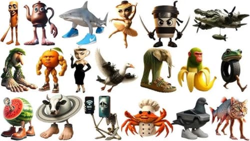 A gathering of Italian brainrot characters, the AI-generated menagerie of animals fused with assorted objects