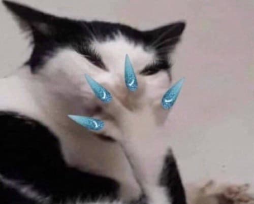 A cat posing with a set of glittering blue stiletto nails, an image the internet would file under very demure