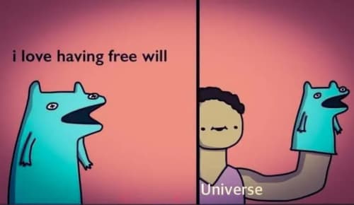 A comic figure declaring "I love having free will" while working his hands like puppets, the claim cheerfully undermined