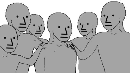 The NPC Wojak, a cluster of identical grey figures wearing the same blank, expressionless stare