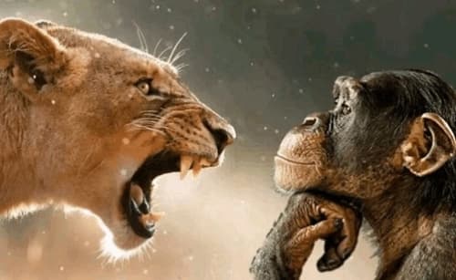 A jaguar roaring at close range while a chimpanzee, hand resting on its chin, regards the outburst entirely unbothered